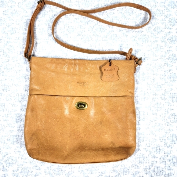 margot Handbags - Tan Genuine Leather Crossbody Shoulder Bag with Turn Lock